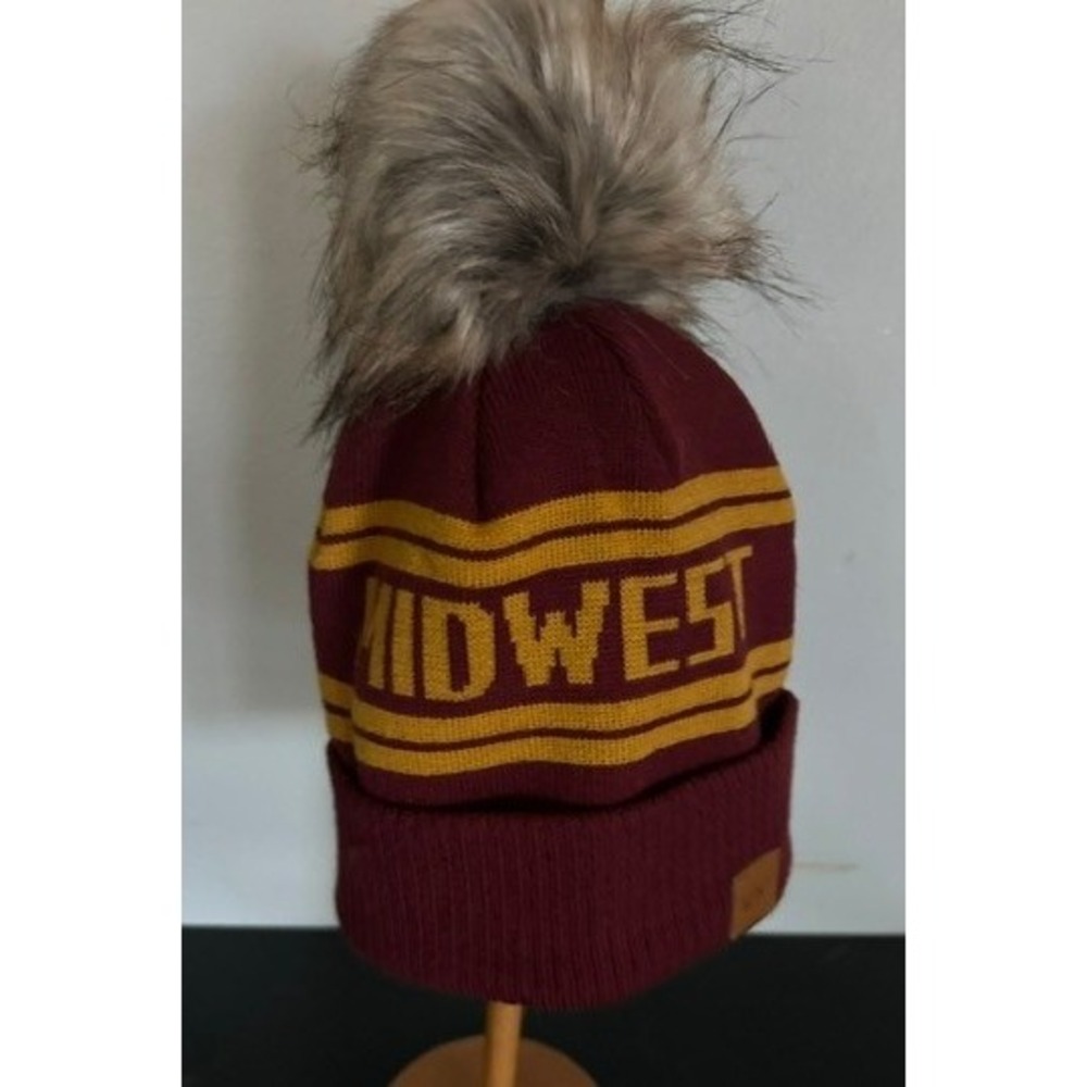 Midwest Knit Beanie Burgundy Gold Pom Pom Cuffed Winter Hat Crown Patch - Picture 3 of 5